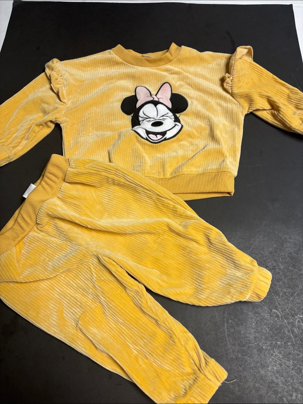 Disney Girls Yellow Minnie Mouse Corduroy Pajama Set with Bow Accent